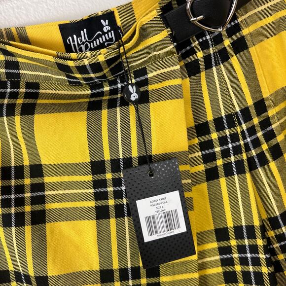 Hell Bunny Corey Yellow Plaid Pleated Mini Skirt Heart Buckle NWT L - Picture 6 of 6
